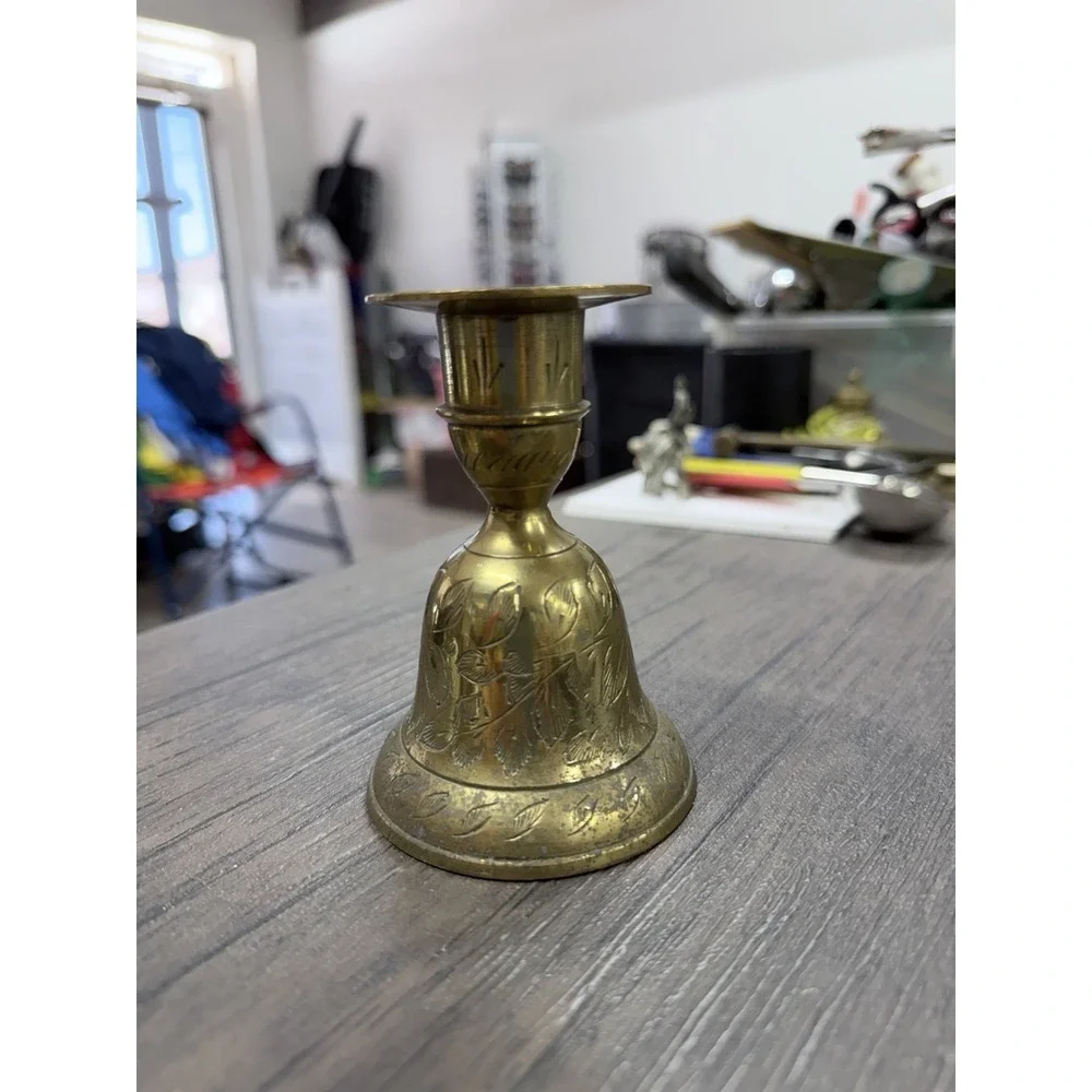 Metal Bell Service Ringer Candle Stick Holder Etched Collectible India